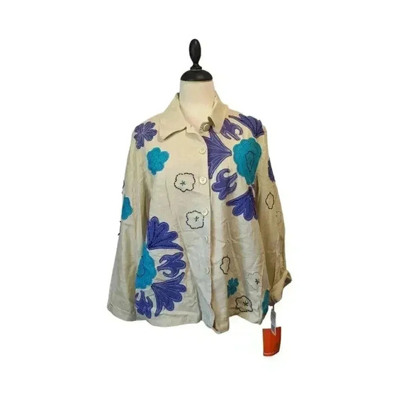 Heart of Palm Linen Blend Button Up Shirt with Pockets Embroidered Beads Size 12 - Picture 1 of 8